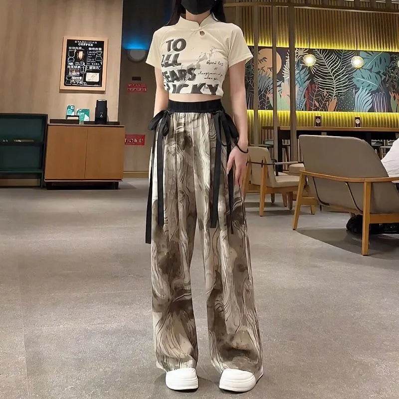 New Painting Ice Silk Wide-leg Baggy Trouser Pants Summer Women - Velora