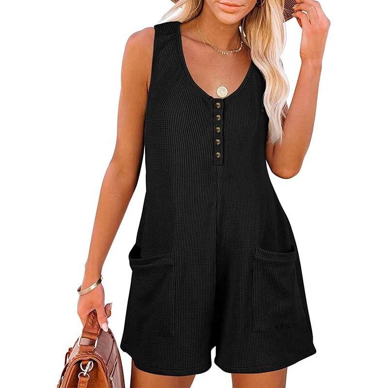 Women's Button Front Romper Jumpsuit With Pockets Casual Solid Color Sleeveless Summer Jumpsuit - Velora