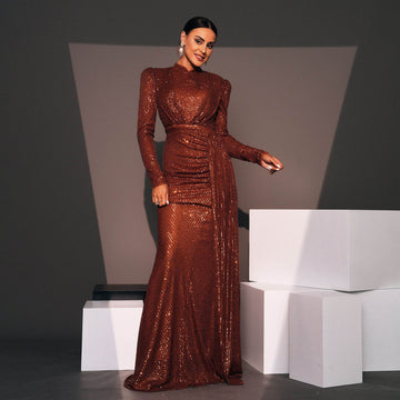 Long Sleeve Round Neck Slim Long Sequined Banquet Dress