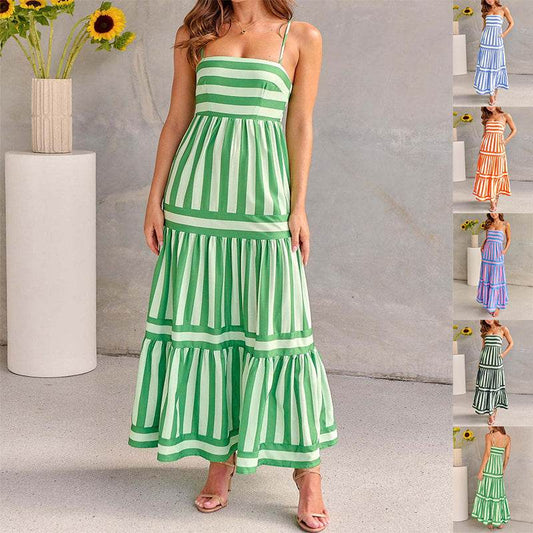 Summer Striped Printed Suspender Long Dress With Pockets Fashion Square Neck Backless Dresses For Beach Vacation Women Clothing - Velora