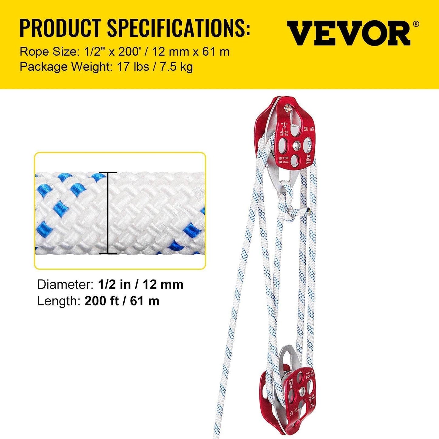 Twin Sheave Block And Tackle 1 2 X 200Ft Twin Sheave Block With Braid Rope 30-35KN 6600-7705LBS Double Pulley Rigging