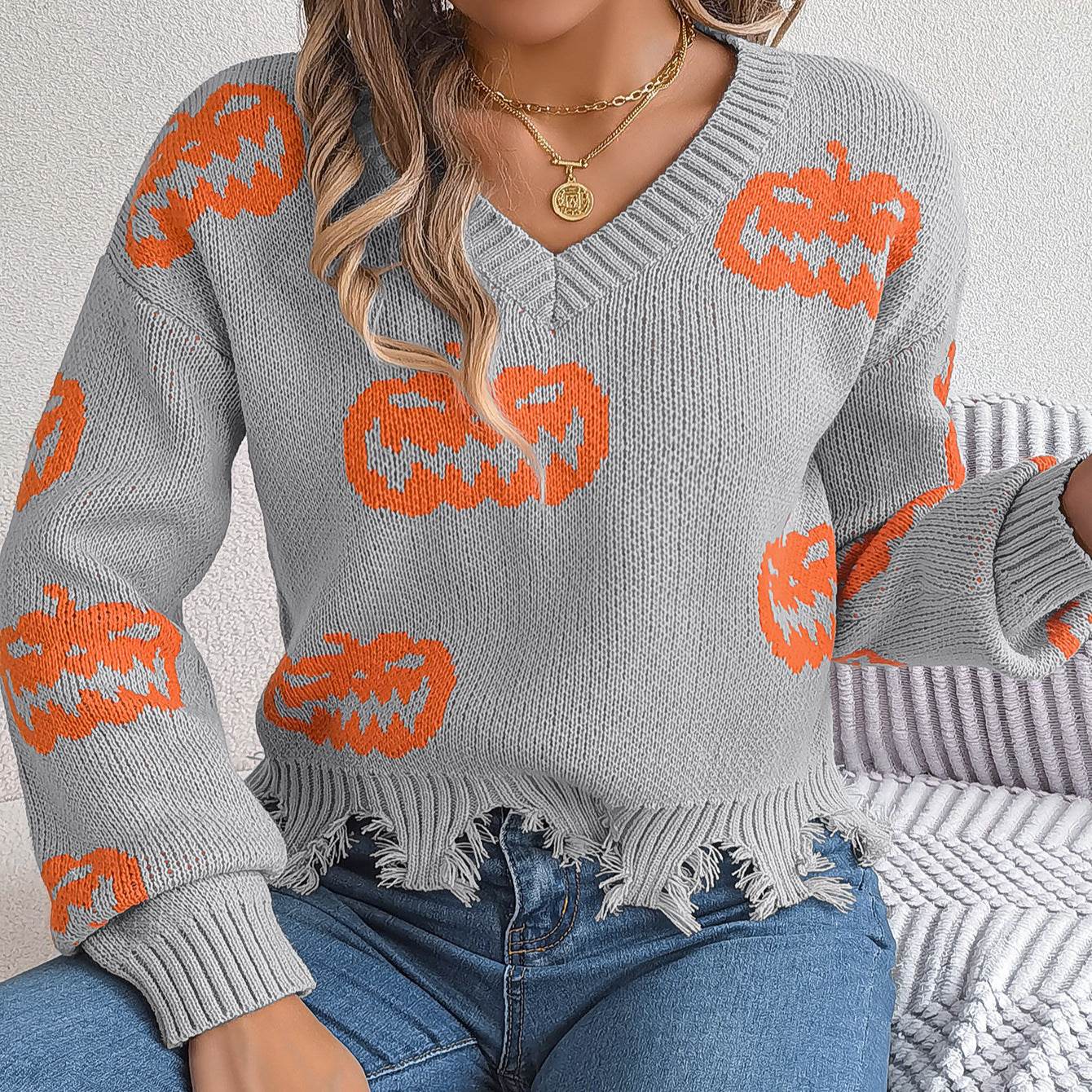 Halloween Contrast Color Pumpkin Cut Long Sleeve Sweater - Velora
