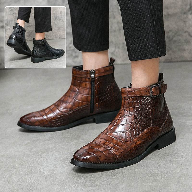 Men's Crocodile Pattern Boots Fashion Pointed Toe Low Square Heel Buckle Zipper Ankle Boots Business Formal Leather Shoes - Velora