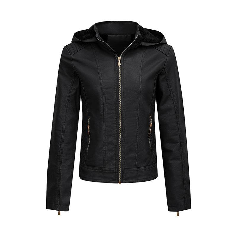 Plush Thickened Hooded Coat Winter Fashion Slim Zipper Leather Jacket With Pockets Long Sleeve Outwear Tops For Womens Clothing - Velora