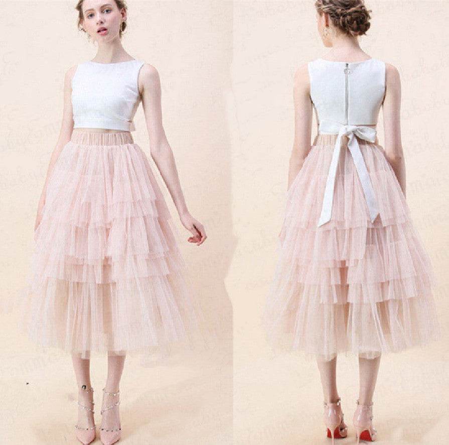 Summer Long Wave Ruffle Layered Ruched High Waist Midi tulle Skirt - Velora