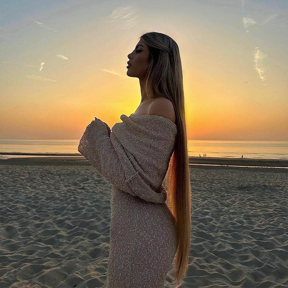 New One-shoulder Knitted Long-sleeved Dress Sexy Beach Holiday Long Dresses Womens Clothing - Velora