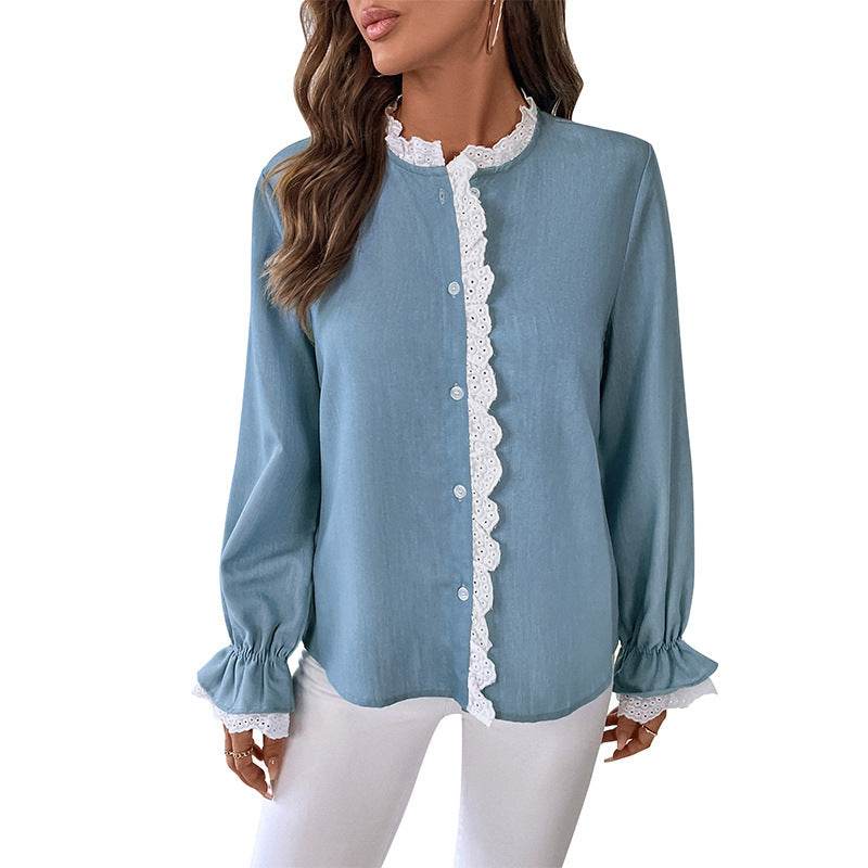 Elegant Single-breasted button Blue Shirt For Women