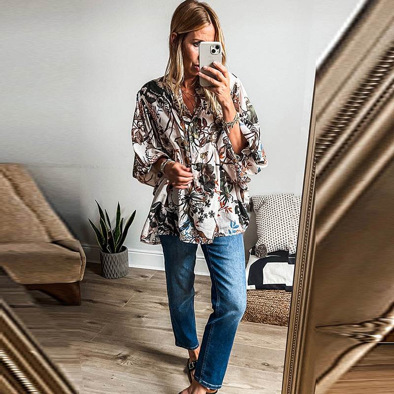 Spring Summer All-match Floral Print loose Linen blouse Shirt For Women