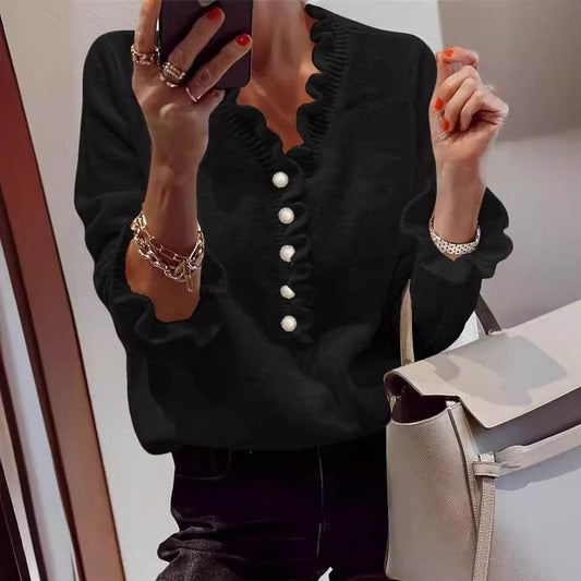 Winter V-neck Ruffled Knitted Sweater Fashion Pullover Long-sleeved Tops For Women - Velora
