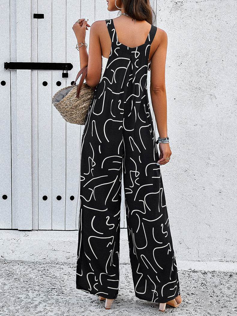 Fashion Print Square Neck Jumpsuit With Pockets Spring Summer Casual Loose Overalls Womens Clothing - Velora