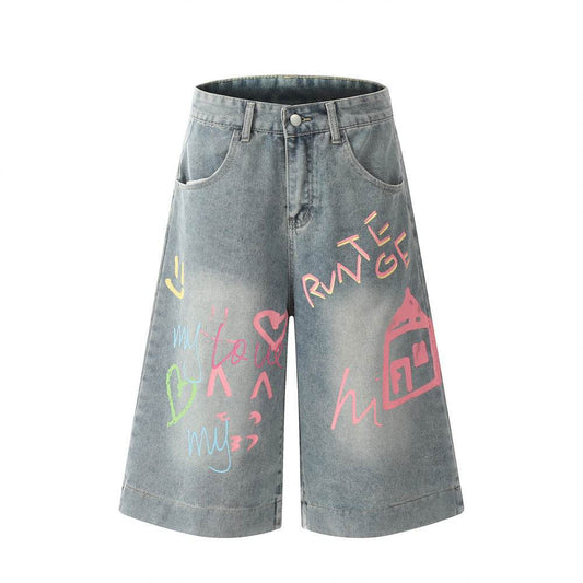 Hand Painted Graffiti Printing Denim Shorts Men Jeans - Velora