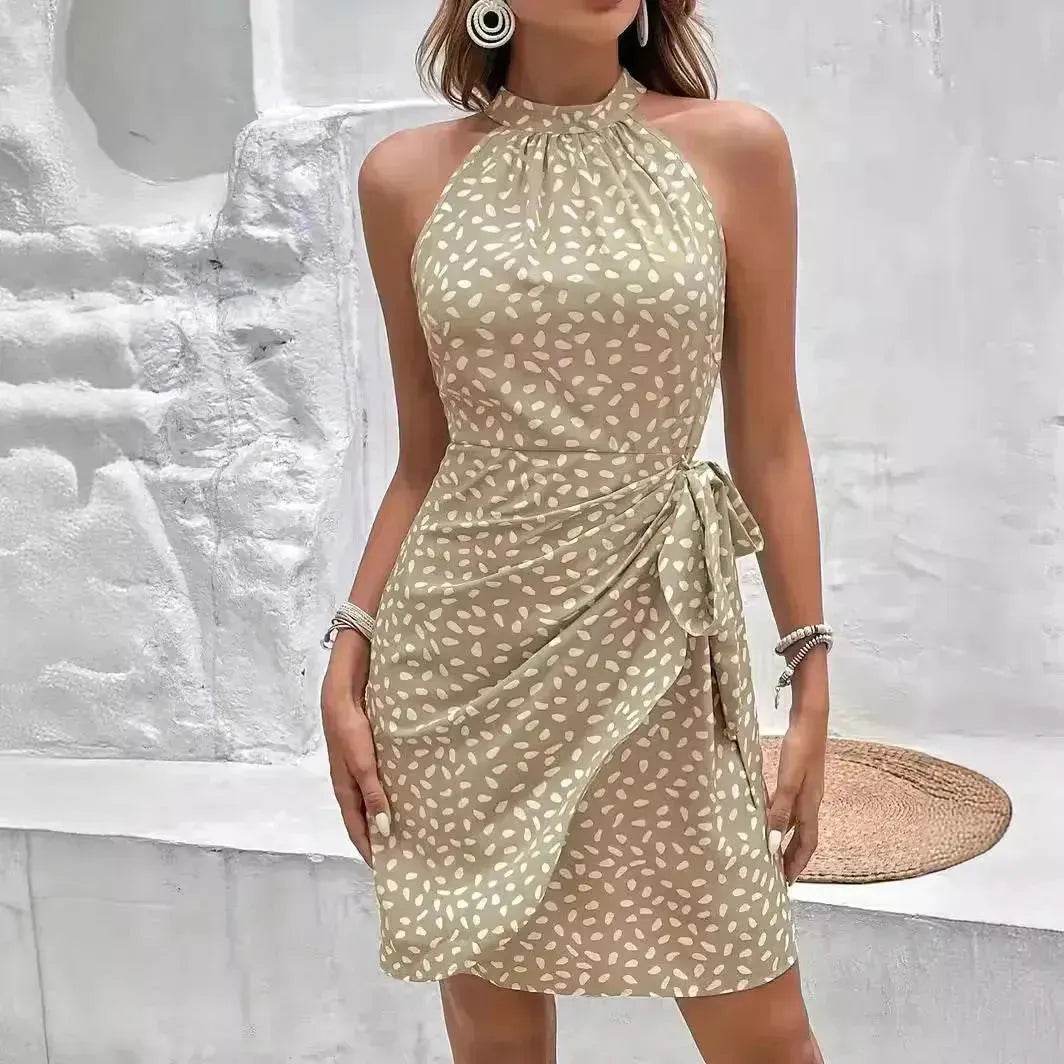 Casual Summer Halter neck Printed Dress With Tied Elegant Ladies High Neck Mini Dress. - Velora