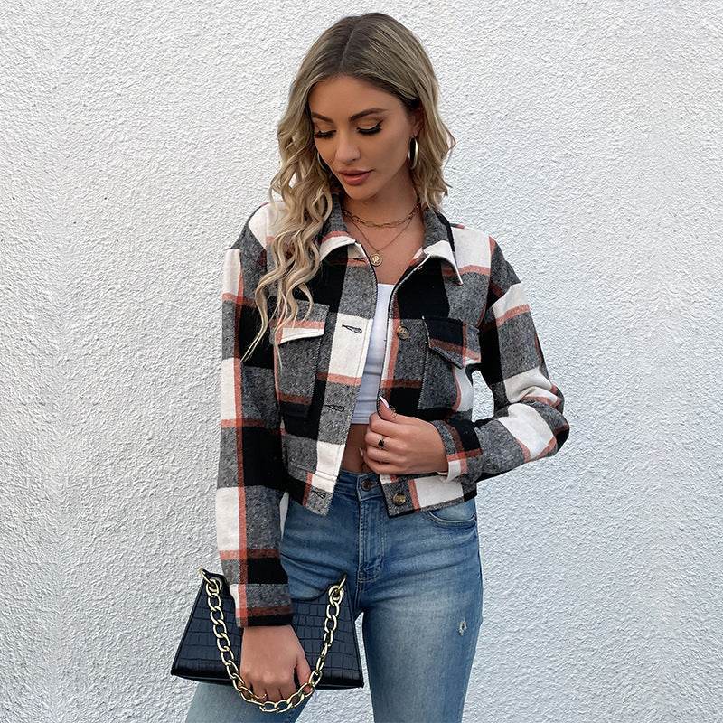 Plaid Lapel Cropped Jacket With Pockets Fashion Button Long Sleeve Short Outwear Tops Coat For Womens Clothing - Velora