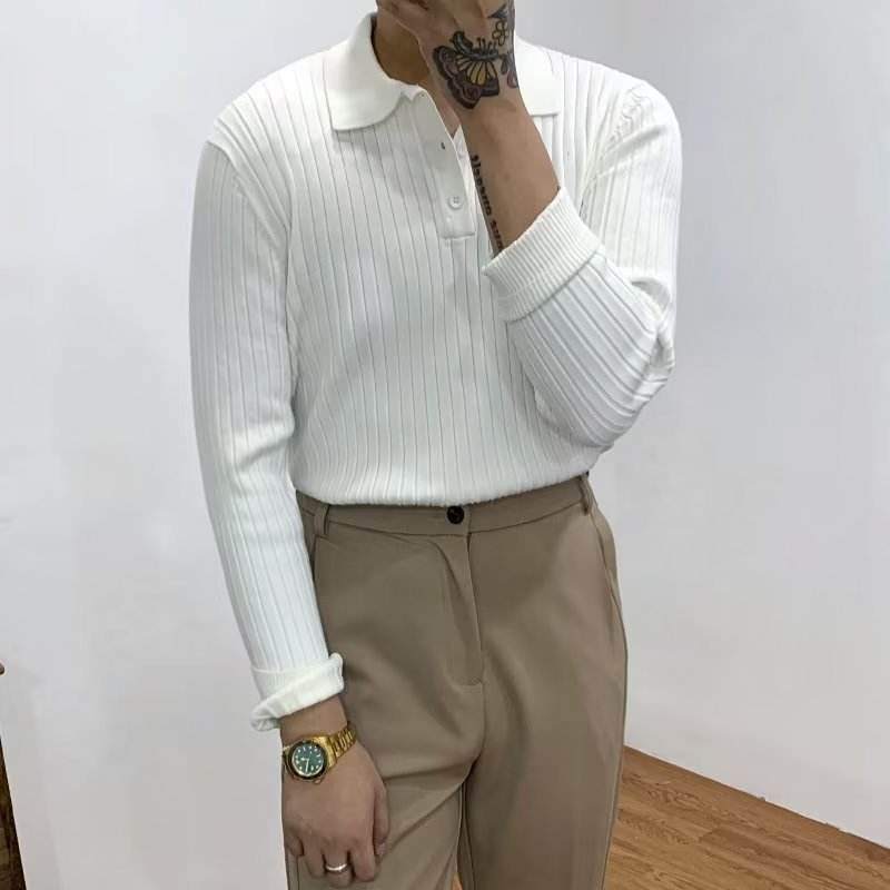 Lapel Texture Stretch Slim Knit Polo Shirt Men Polo Shirt Fashion Waffle Long-sleeved Tops Clothing Casual Comfortable Golf Men's Clothing - Velora