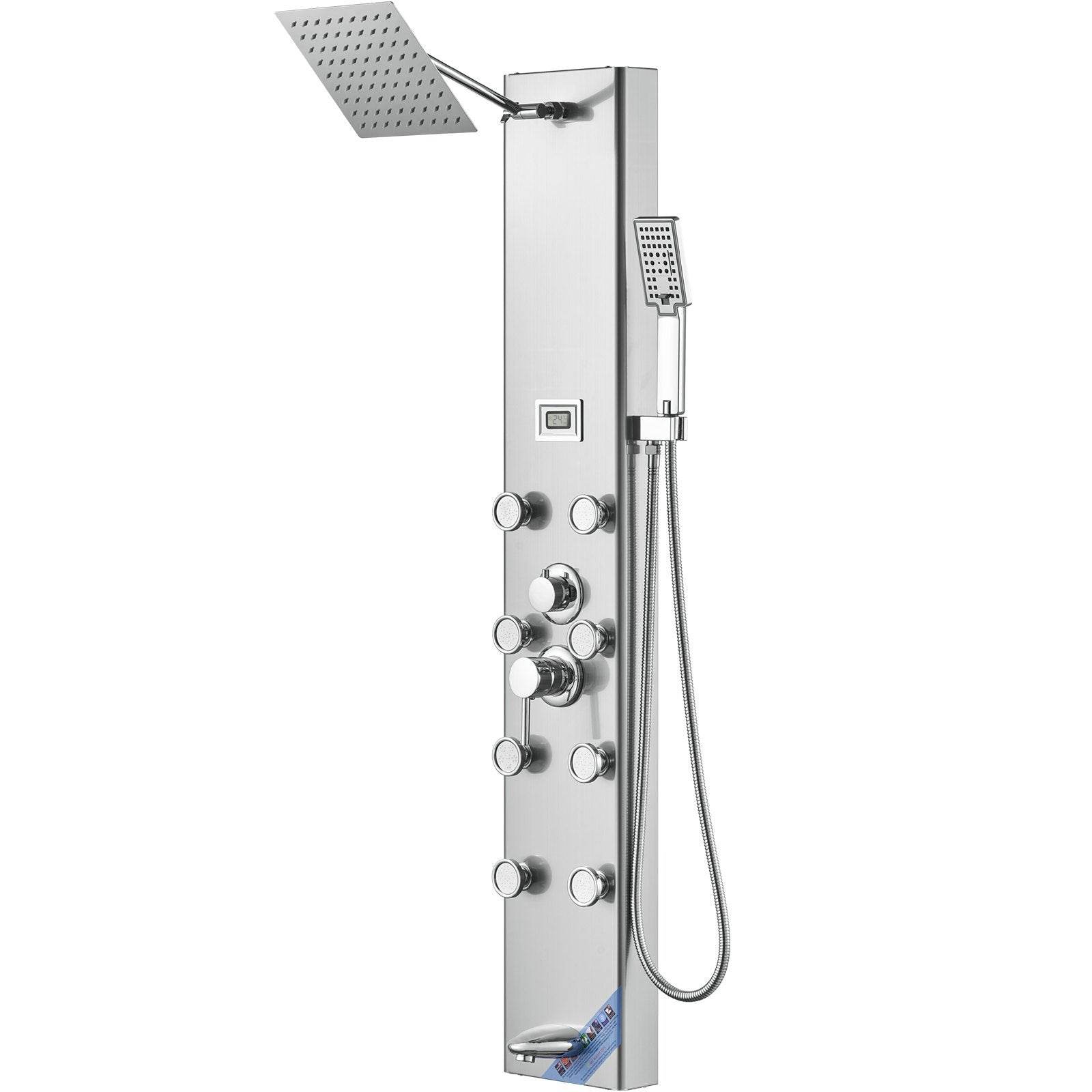 Shower Panel System, 5 Shower Modes, Digital Display Shower Panel Tower, Rainfall, 8 Massage Jets, Tub Spout, 3-Setting Handheld Shower Head 59 Hose, Stainless Steel Wall-Mounted Shower Set - Velora