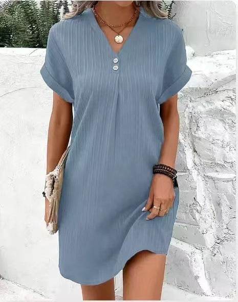 Fashion V-neck Short-sleeved Dress Casual Solid Strip Button Dresses Womens Clothing - Velora