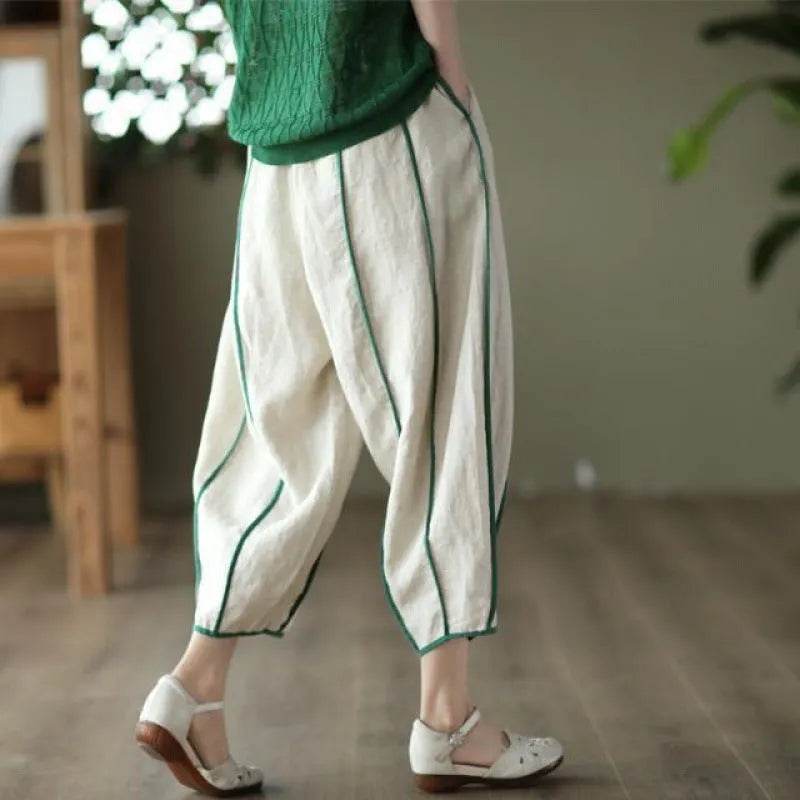 Summer Thin Striped Cotton And Linen Cropped trouser Pants For Women - Velora