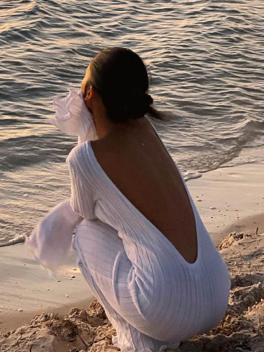 Fashion Slim Long-sleeved Ruffled Long Dress Sexy Hip-wrapped Back-less Knitted Maxi Dresses For Party Beach Womens Clothing - Velora