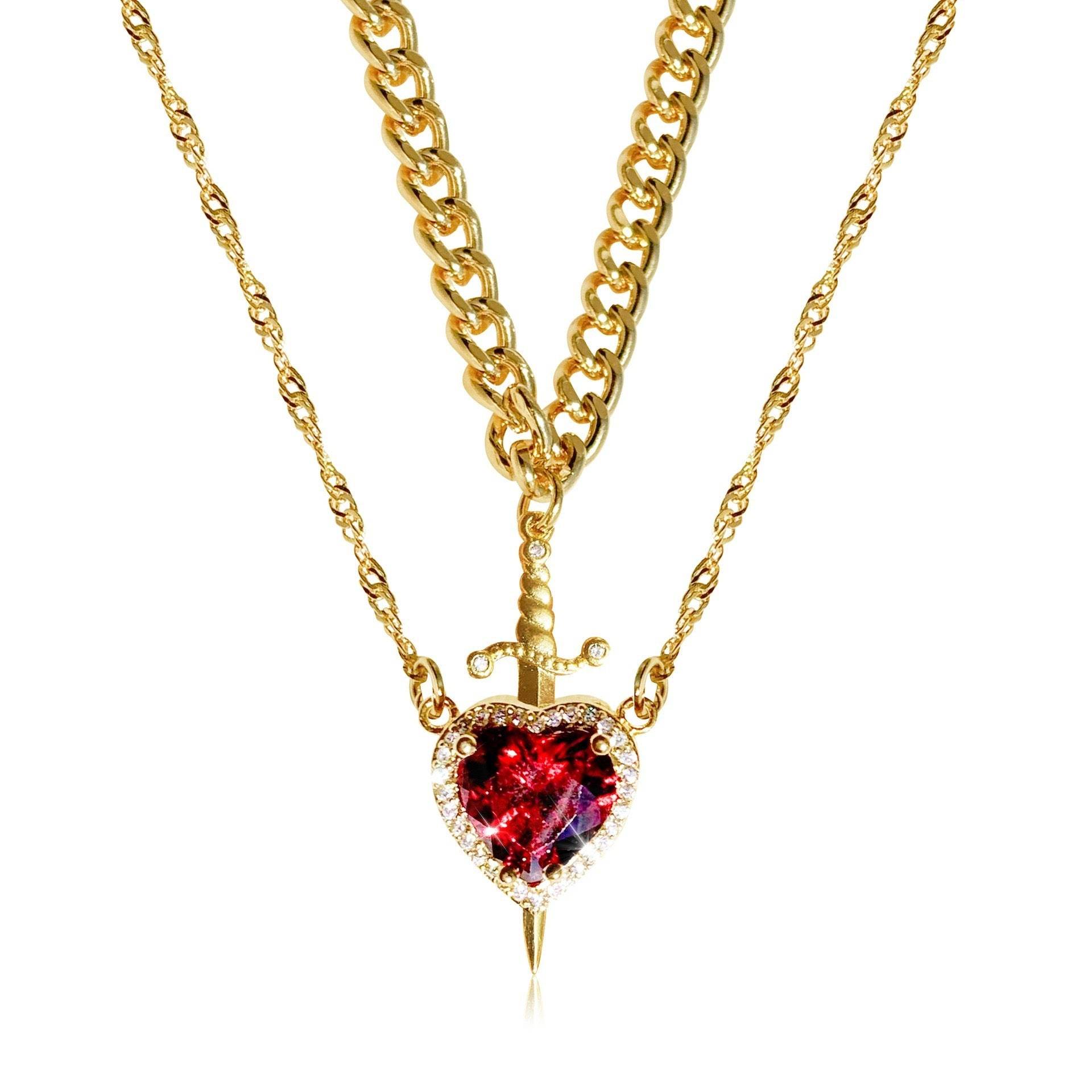New Heart And Sword Necklace Set Gold Color Stainless Steel Crystal Couple Necklaces For Women Men Boyfriend Girlfriend Gifts - Velora