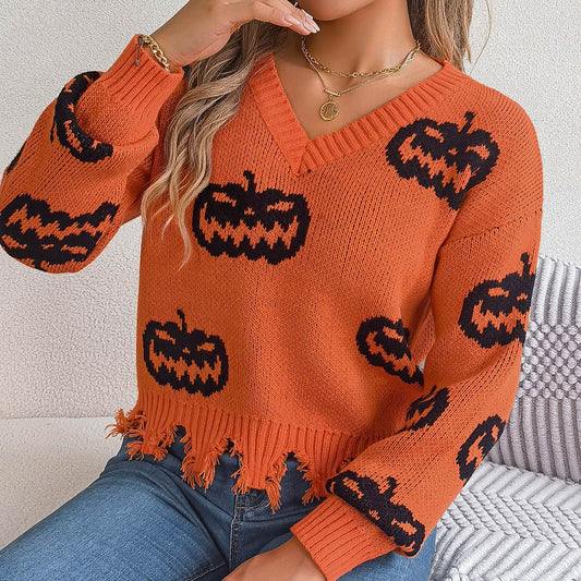 Halloween Contrast Color Pumpkin Cut Long Sleeve Sweater - Velora