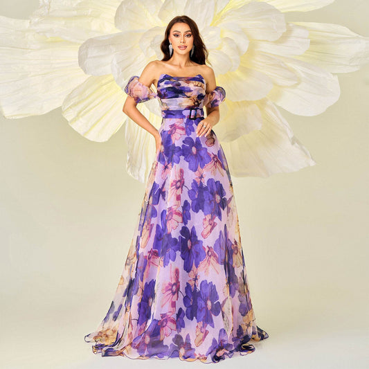 Chest-wrapped Off-neck Slim-fit Waist Trimming Printing Banquet Large Swing Evening Dress - Velora