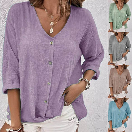 V-neck Long-sleeved T-shirt Fashion Solid Color Button Top Casual Loose Clothing For Women - Velora
