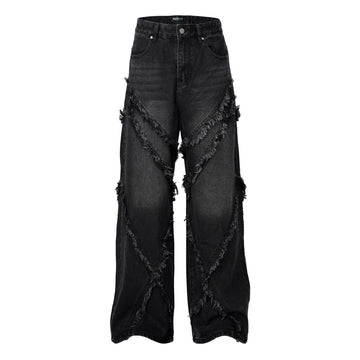 Wash Distressed Stitching Baggy Jeans Pant With Whiskers Same Style For Men And Women