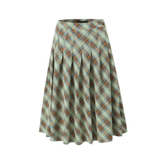 American Retro Low Waist Navel Plaid Pleated Long Skirt Women - Velora