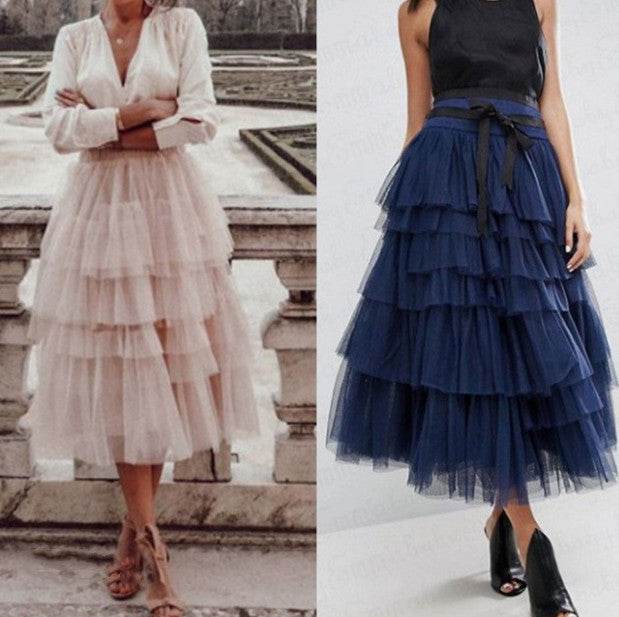 Summer Long Wave Ruffle Layered Ruched High Waist Midi tulle Skirt - Velora