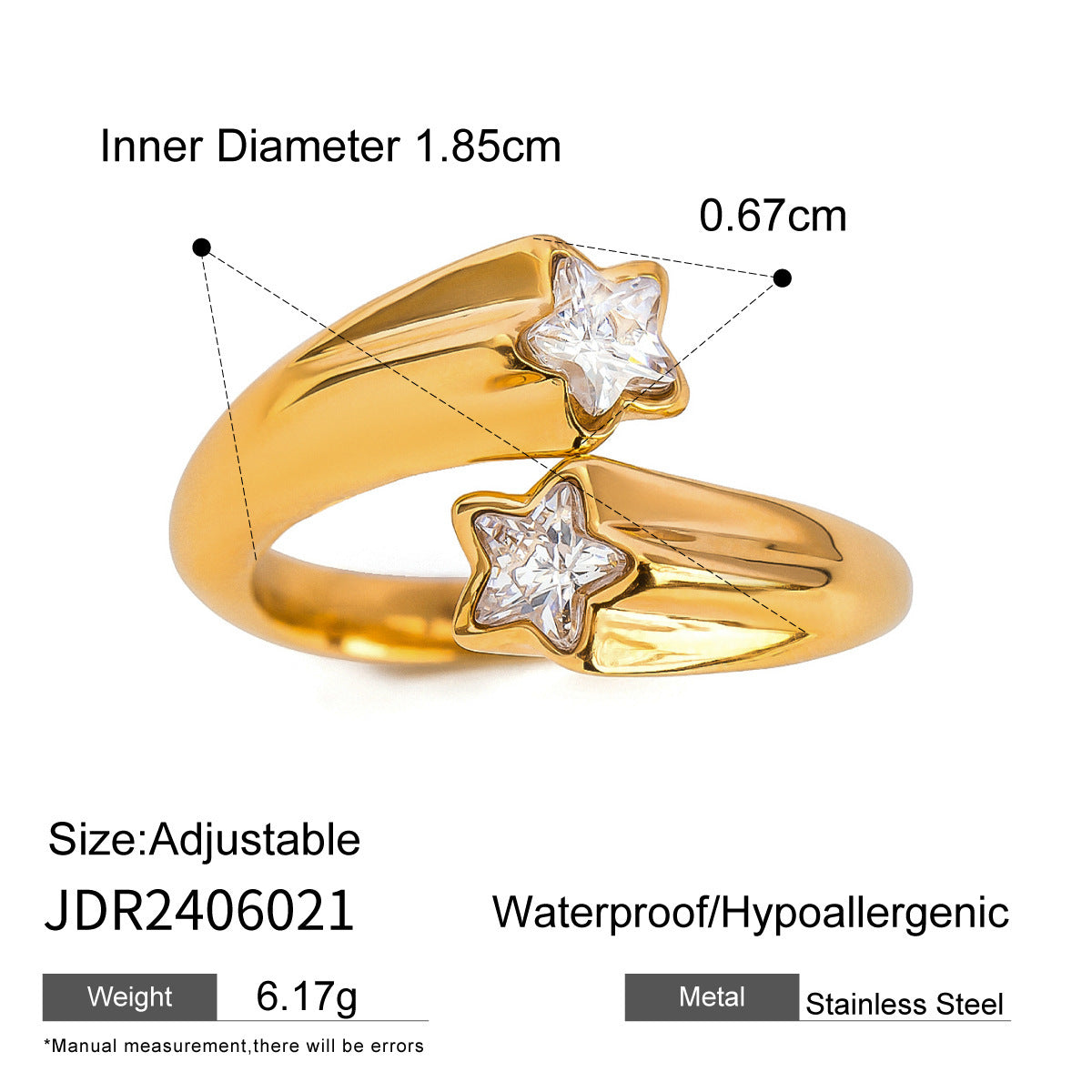 18K Gold Stainless Steel Open-end Zircon Ring High-grade Ins