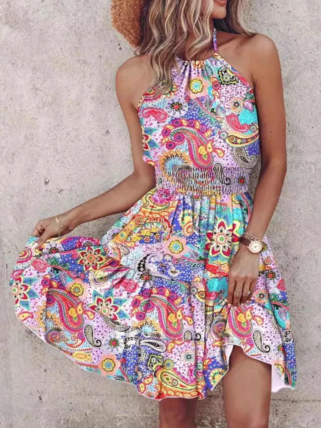 Paisley Print Halter Neck Mini Dress - Velora