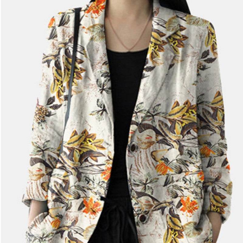 Women's floral Cotton Linen jacket Pocket Blazer - Velora