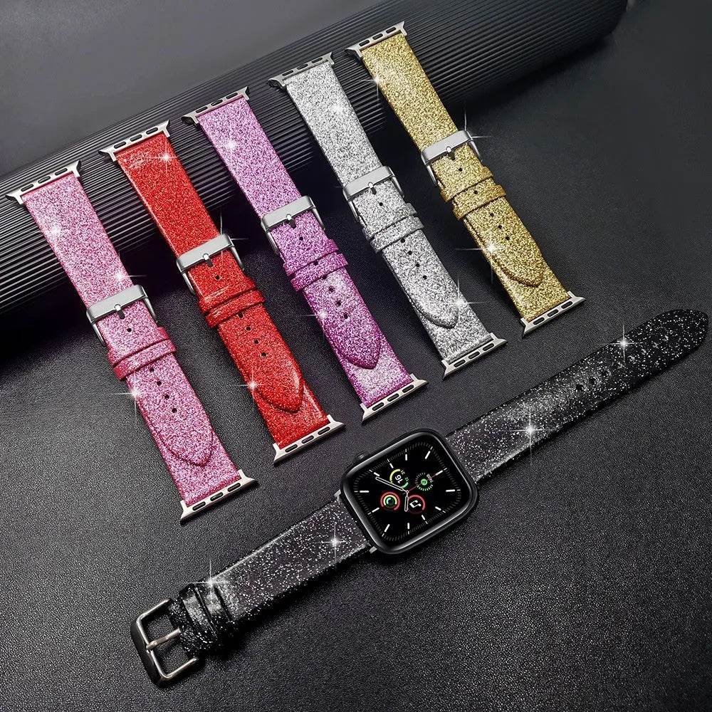 Leather Single Ring Glitter Buckle Couple Watch Strap Suitable for Apple Watch - Velora