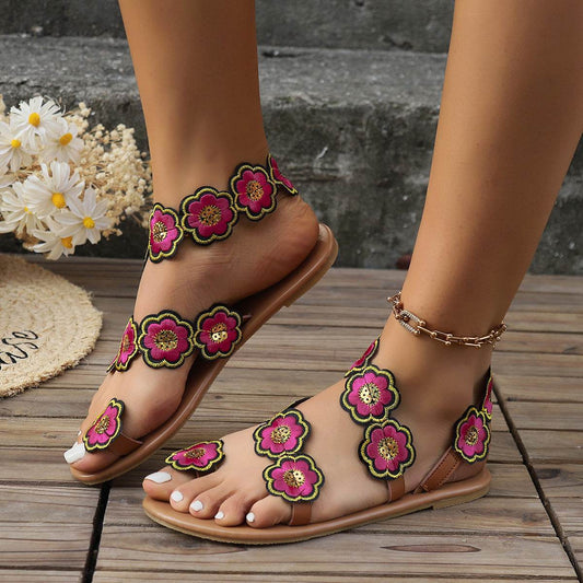 Ethnic Style Flowers Flat Sandals Summer Vacation Casual Clip Toe Beach Shoes For Women - Velora