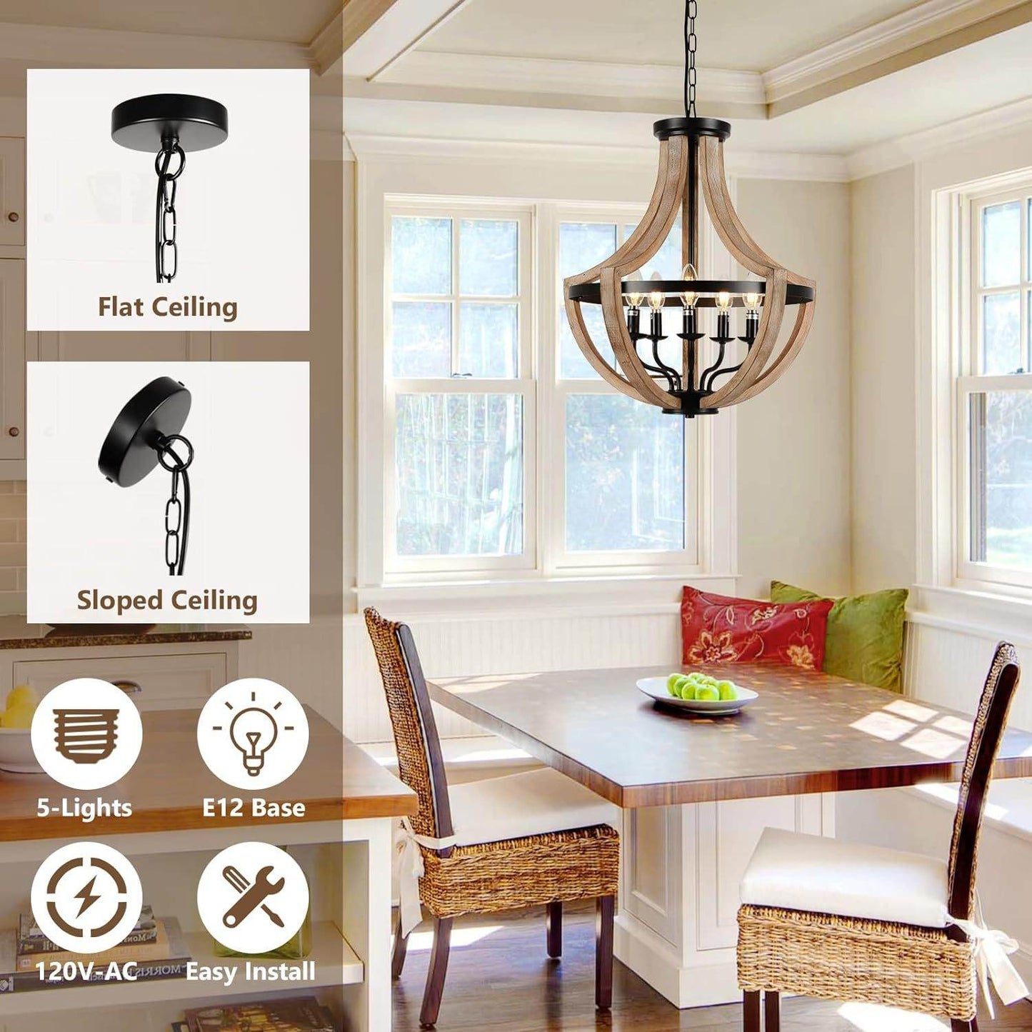 Solid Wood Modern Chandelier For Dining Room, Living Room, Kitchen, Island, Bedroom, Foyer, Height Adjustable, Brown - Velora