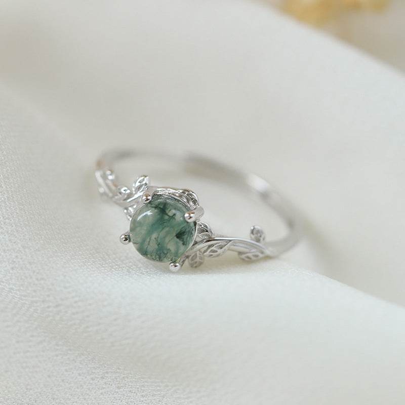 S925 Silver Green Moss Ring Water Plants Agate Stone Finger Ring - Velora