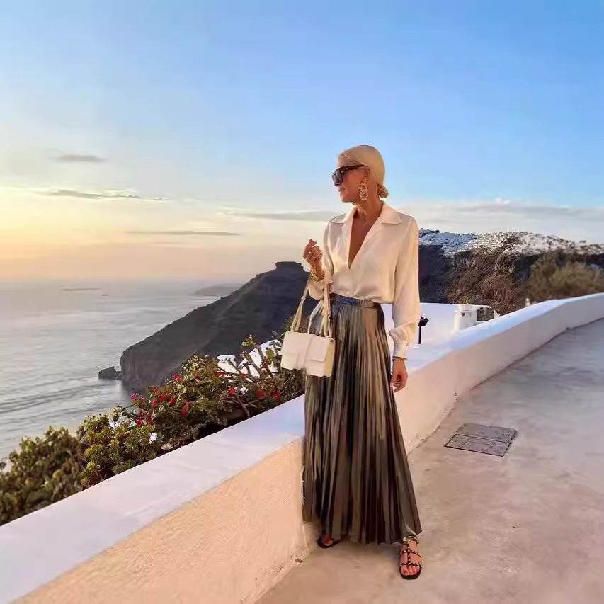 Satin Long Sleeve Shirt & Glossy pleated maxi Skirt 2pcs - Velora