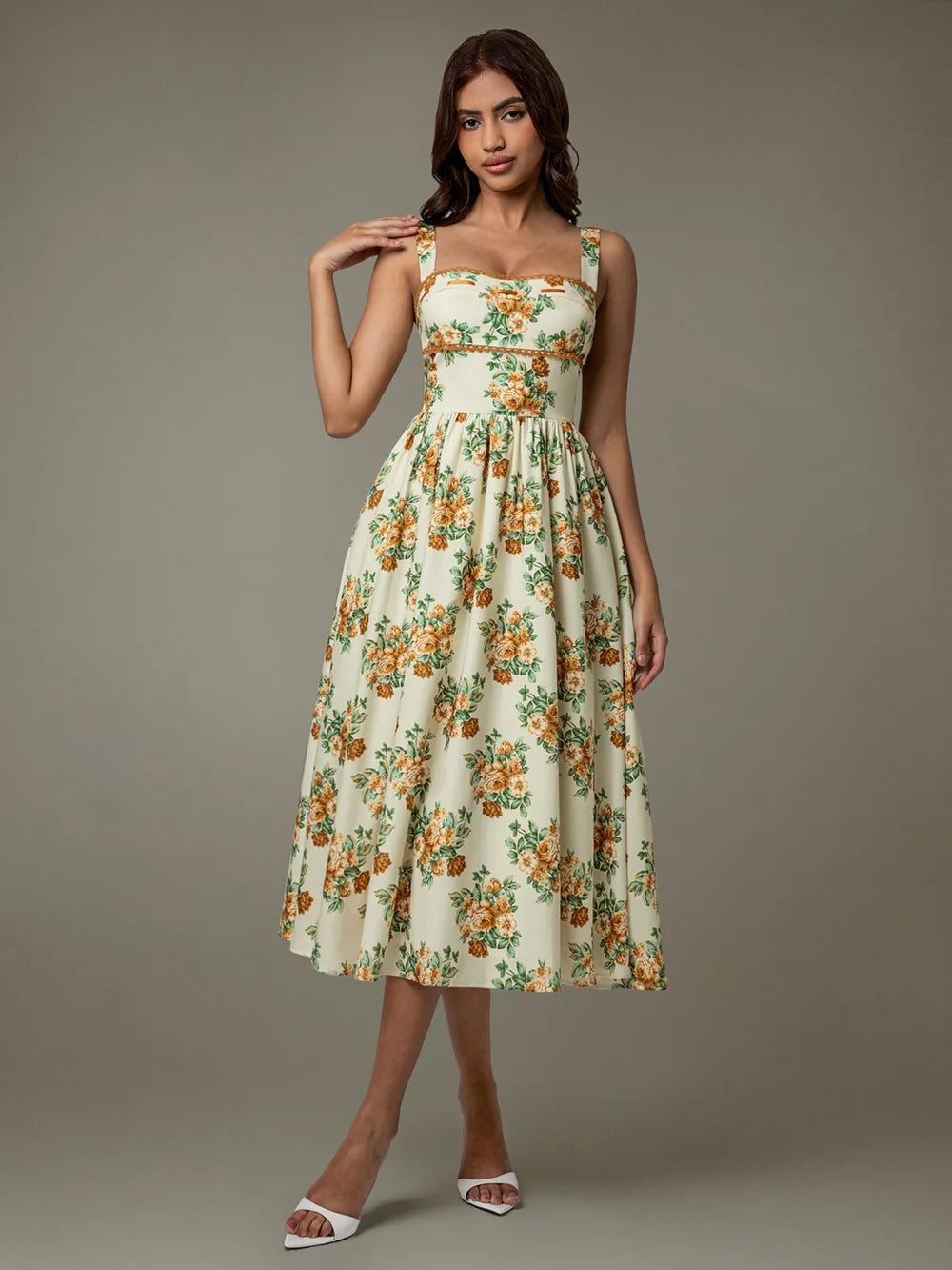 Lace Trim Floral Sleeveless Midi Dress - Velora
