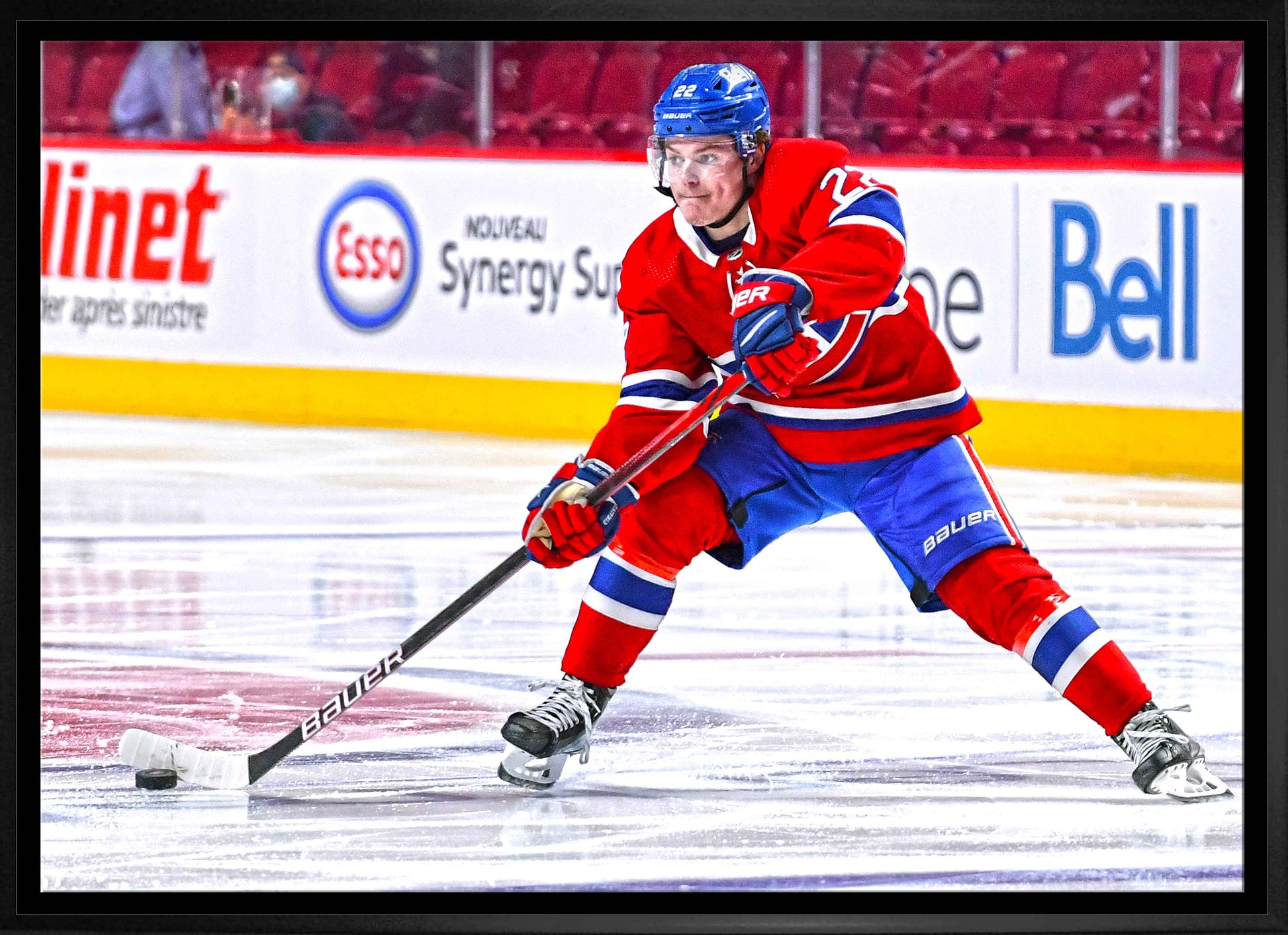 Cole Caufield Montreal Canadiens Framed 20x29 Passing Puck Canvas Frameworth Sports Marketing