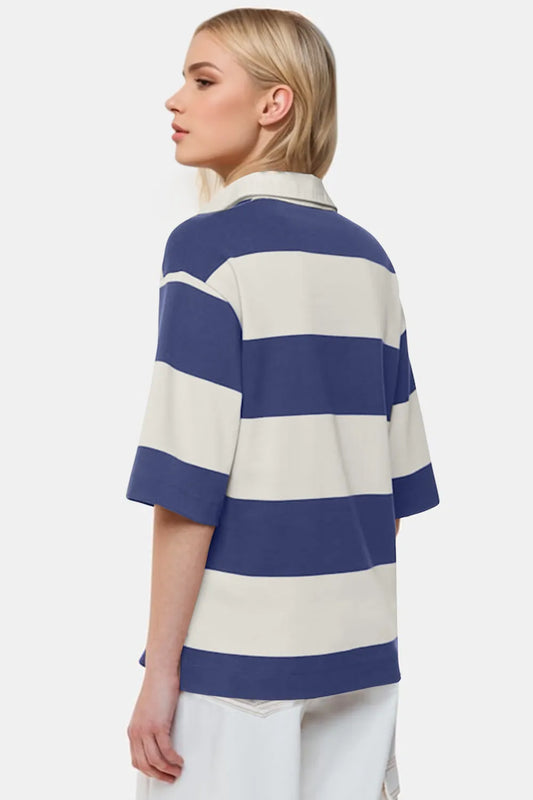Oh Pima Cotton Wash Color Block Johnny Collar Half Sleeve Top - Velora