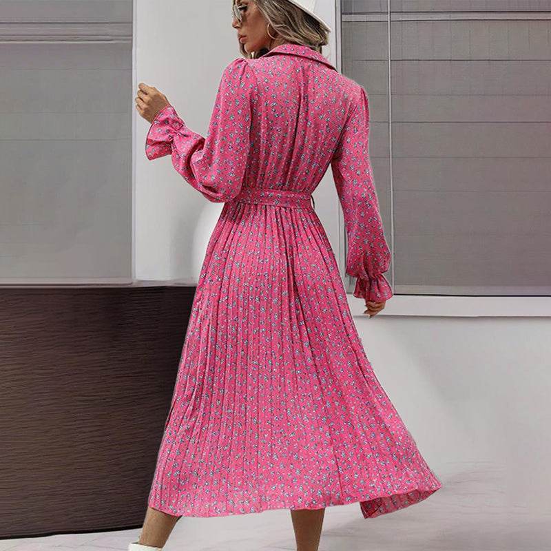 Women's Long Sleeve Midi Dress V Neck Button Down Belted A-Line Flowy - Velora