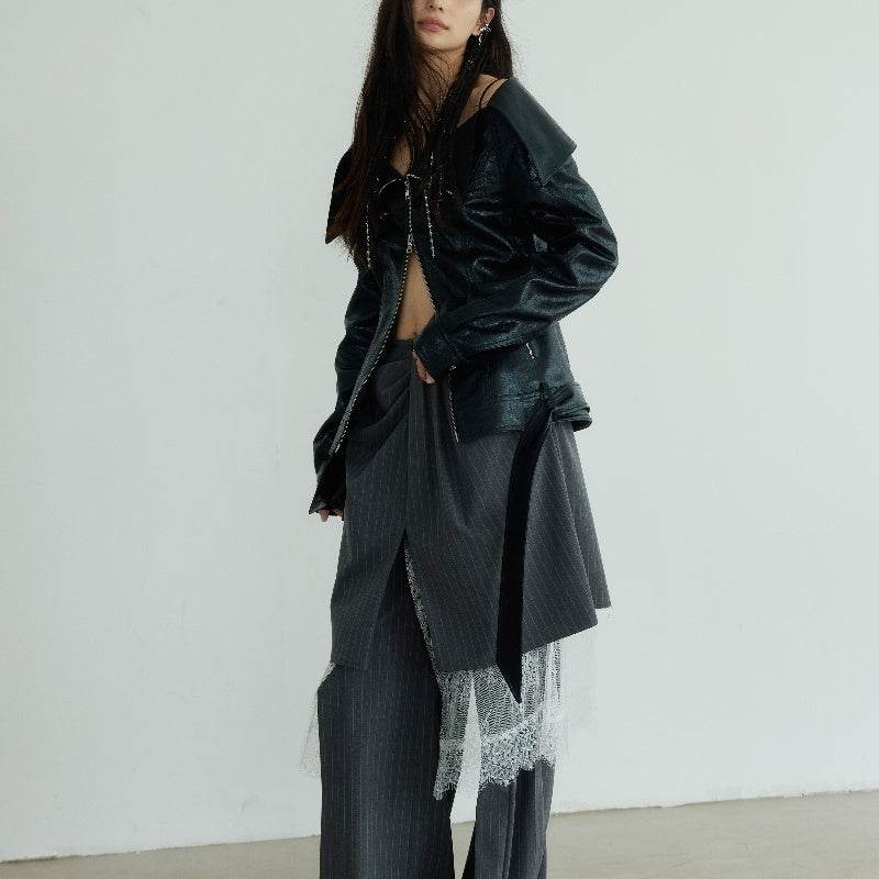 Large Lapel Off-shoulder Chapped PU Leather Narrow Jacket Coat - Velora