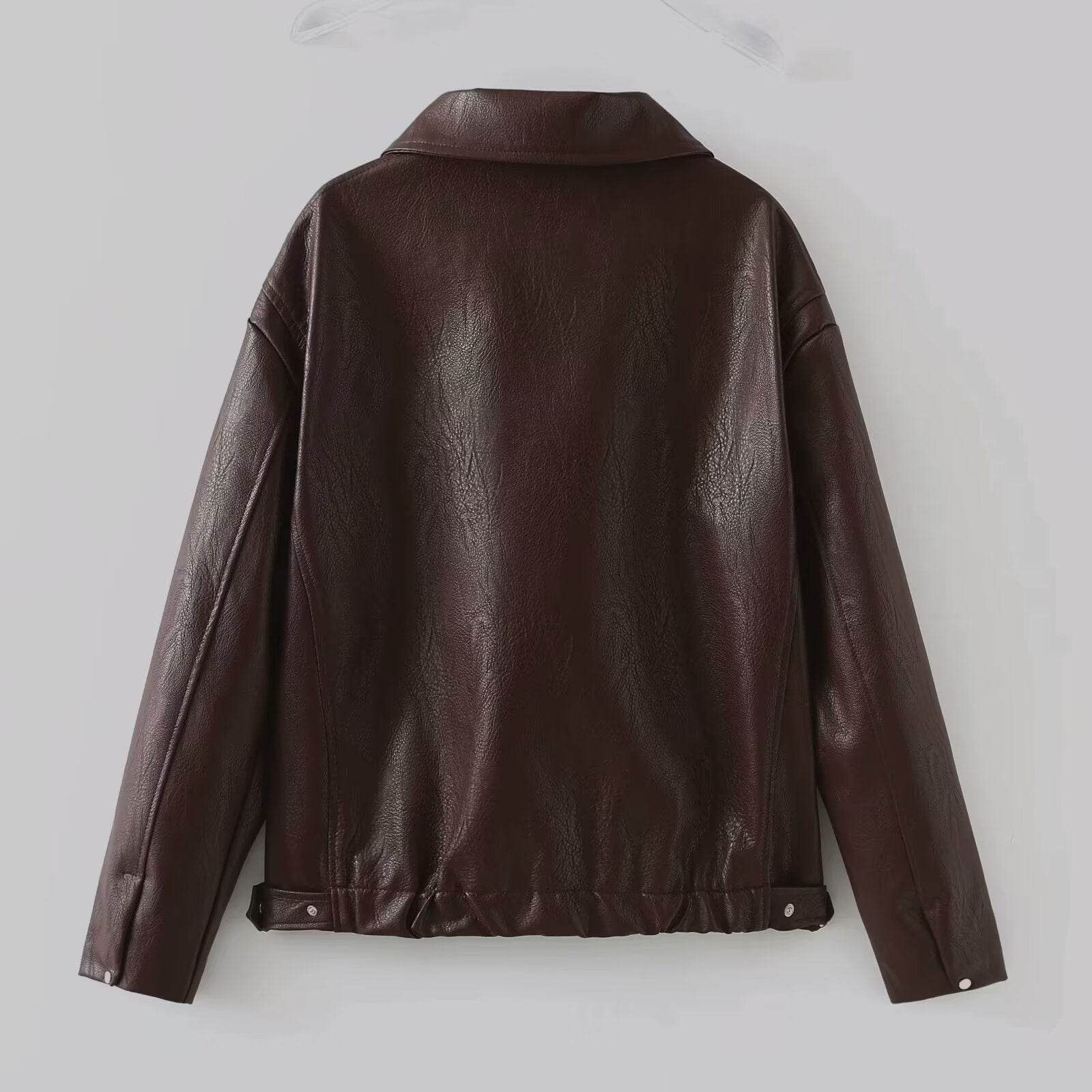 Solid Color Lapel Zipper Jacket Fashion Casual Long Sleeve Leather Coat Tops Women Clothing - Velora