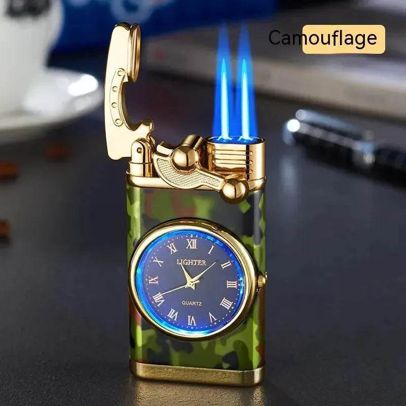 New Lighter With Electric Watch Rocker Arm Automatic Ignition Straight Blue Flame Lighter Creative Real Dial Inflatable Windproof Cigar Lighter Men's Watch Gift