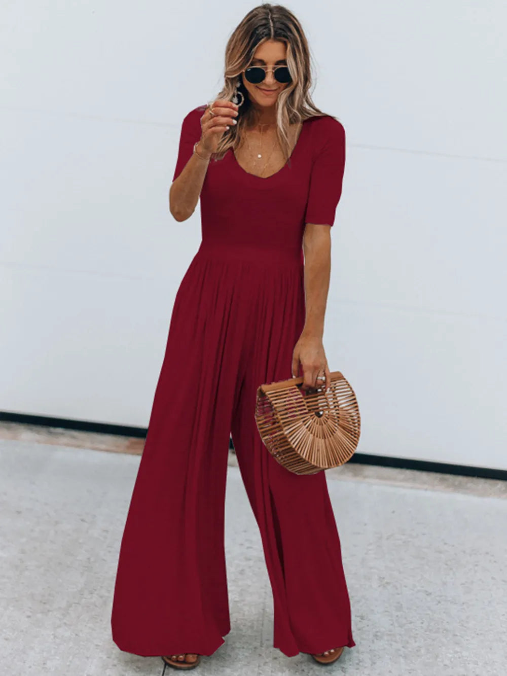 Scoop Neck Short Sleeve Jumpsuit - Velora