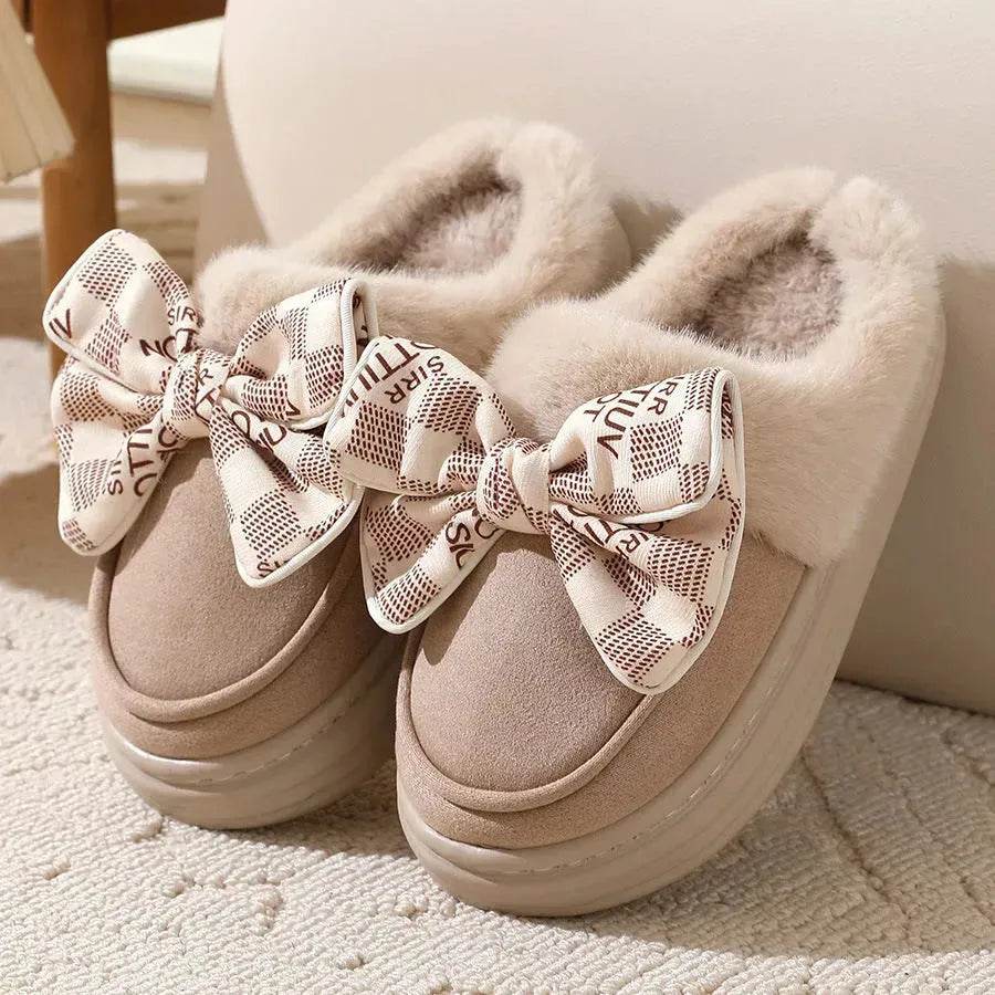 Cute Bowknot Plush Slipper Winter Warm Indoor Floor Bedroom Home Slippers For Women Fashion Thick-soled Solid House Shoes - Velora