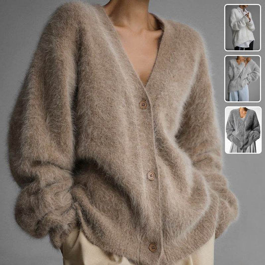Loose V-neck Button Cardigan Fall Winter Fashion Single Breasted Knitted Sweater Top Women's Clothing - Velora