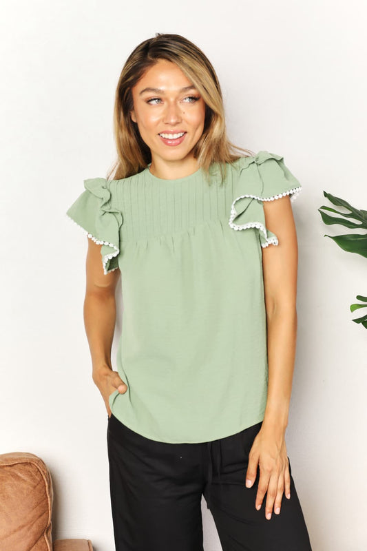 Perfee Pleated Detail Flutter Sleeve Blouse - Velora