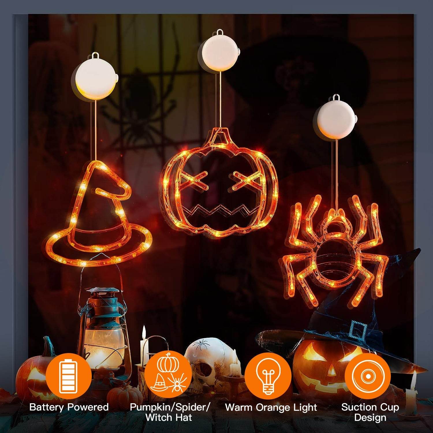 Set Of 3 Pack Halloween Window Light Spider Witch Hat Pumpkin With Orange Light Hanging Halloween Decoration Light With Suction Cup Hanging Holes - Velora