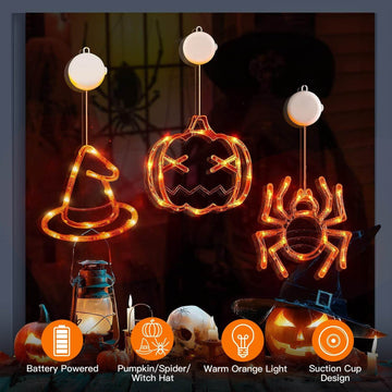 Set Of 3 Pack Halloween Window Light Spider Witch Hat Pumpkin With Orange Light Hanging Halloween Decoration Light With Suction Cup Hanging Holes